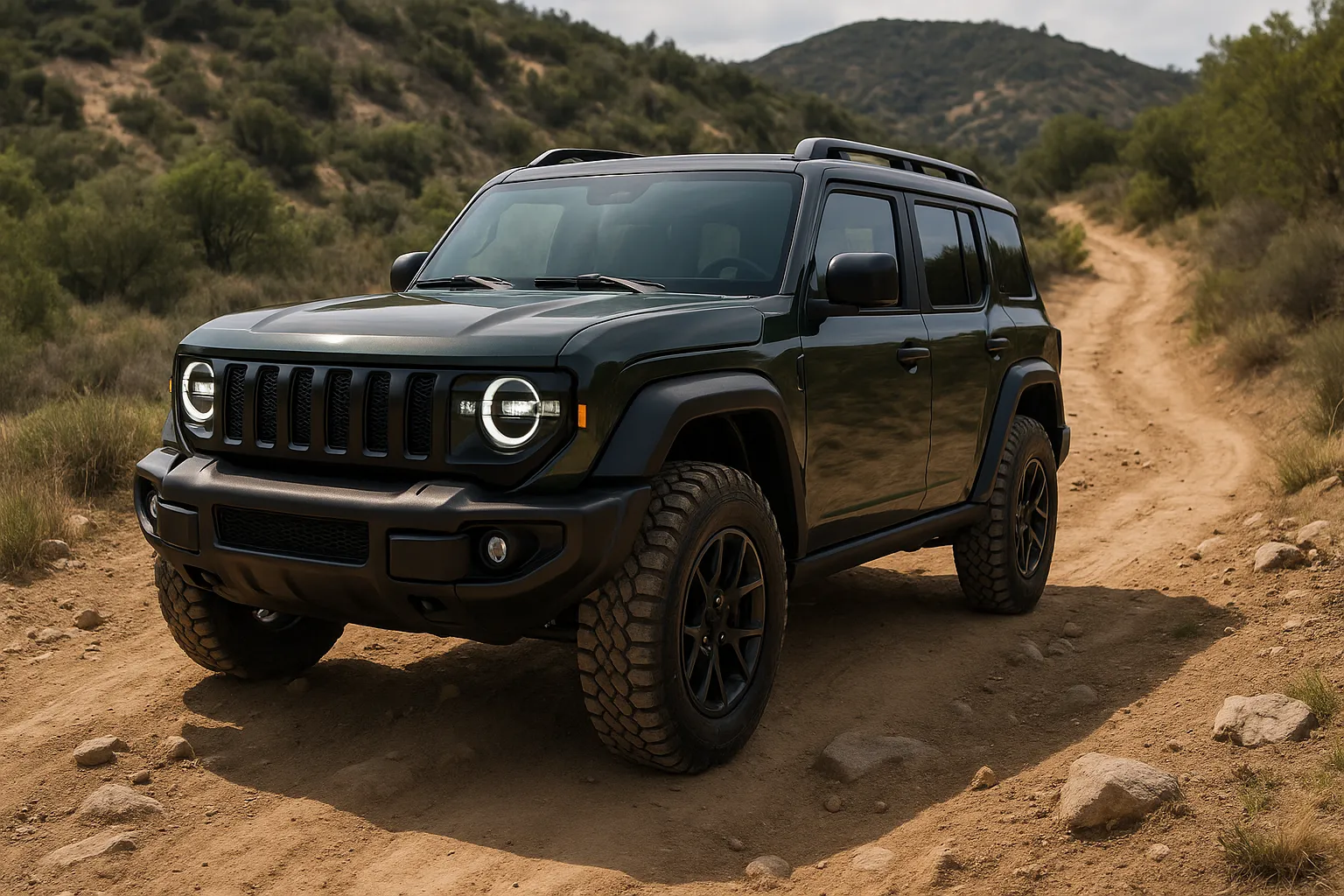 2026 Jeep Recon Elektro-SUV fährt auf einem felsigen Trail in einer Wüstenlandschaft