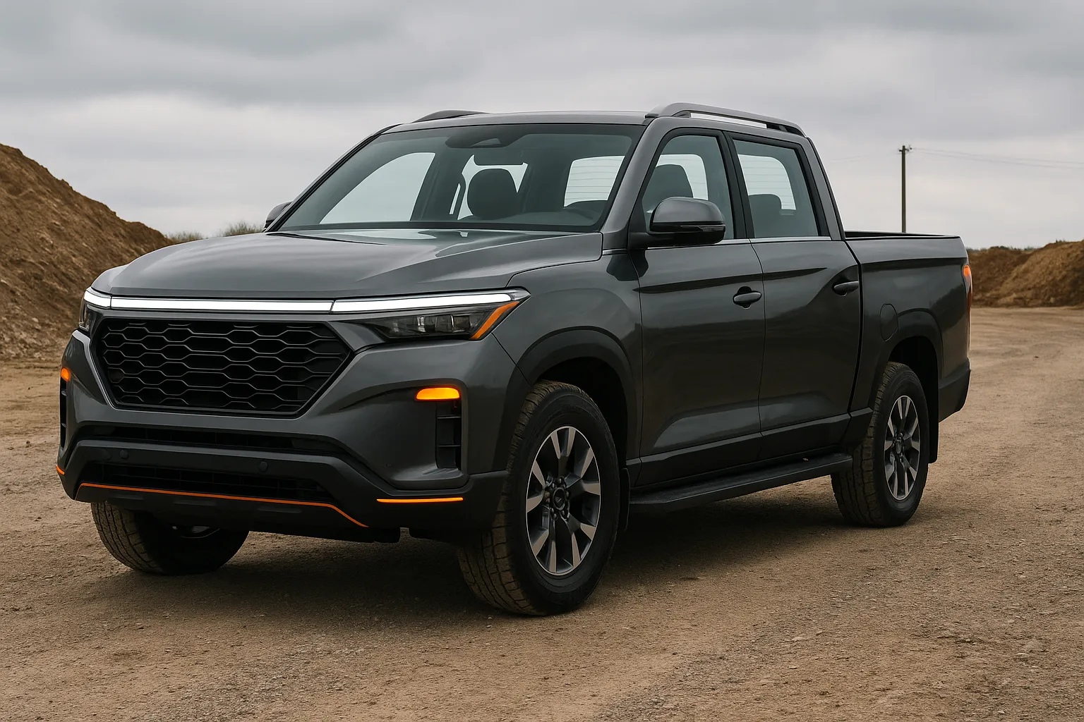 2026 KGM Musso Rhino Pick-up in robuster Outdoor-Umgebung, zeigt seine neue Frontpartie, LED-Beleuchtung und wuchtige Radlaufverkleidung