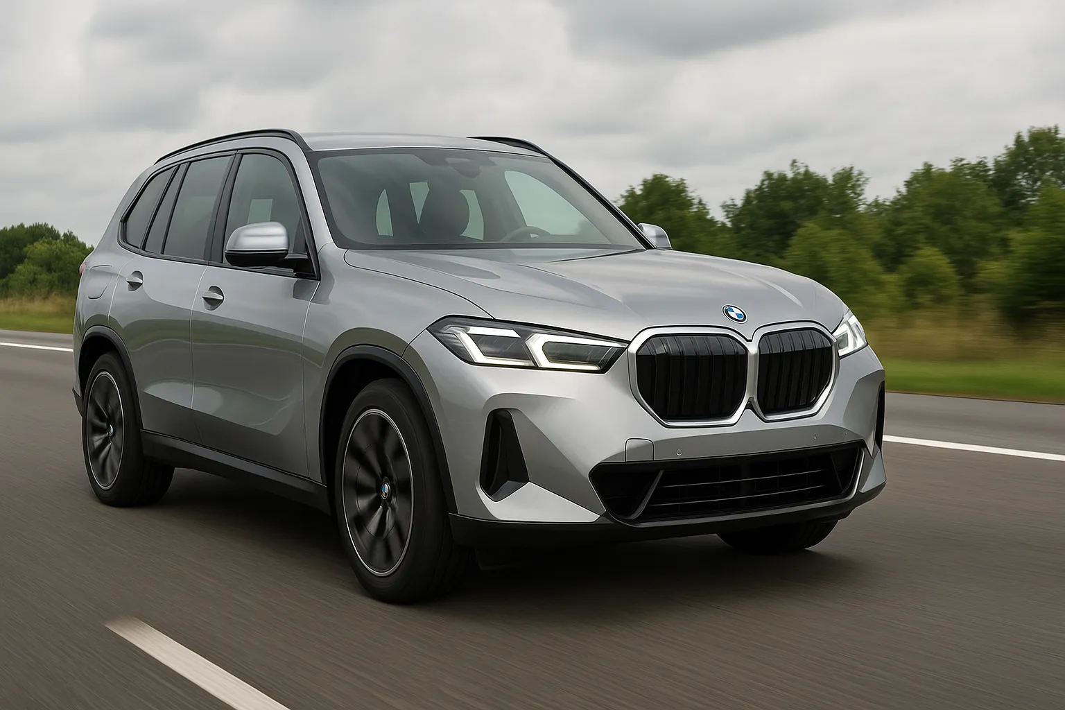 BMW X5 2027 und elektrischer iX5 fahren auf einer Straße nahe einem modernen Gebäude