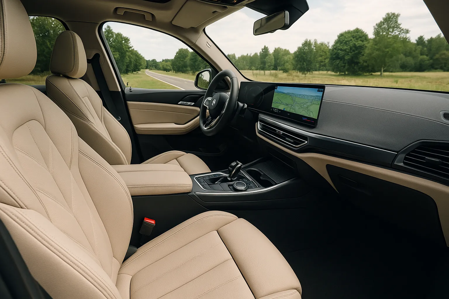 BMW X5 2027 und elektrischer iX5 fahren auf einer Straße nahe einem modernen Gebäude, unterstützendes Bild 1