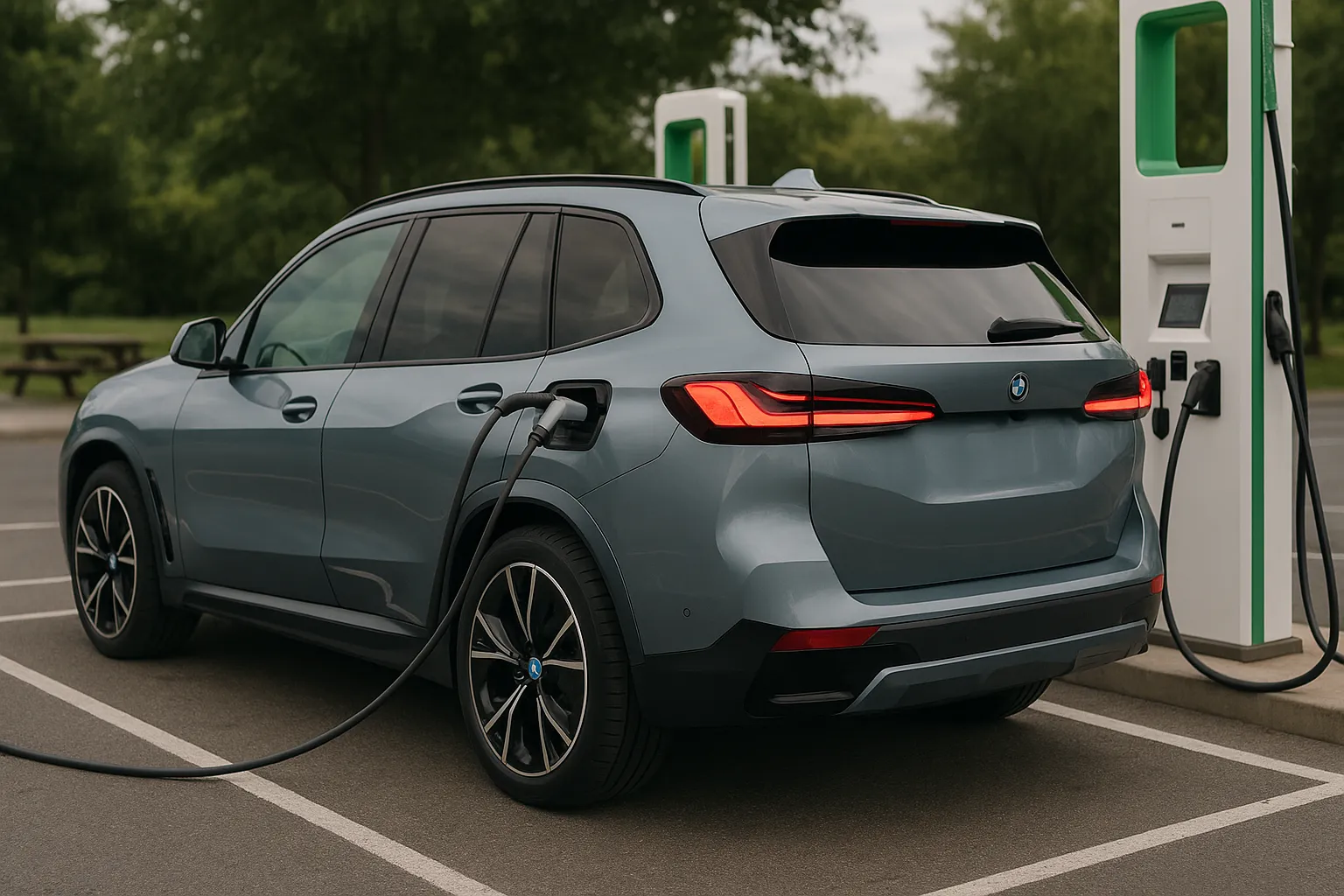 BMW X5 2027 und elektrischer iX5 fahren auf einer Straße nahe einem modernen Gebäude, unterstützendes Bild 2