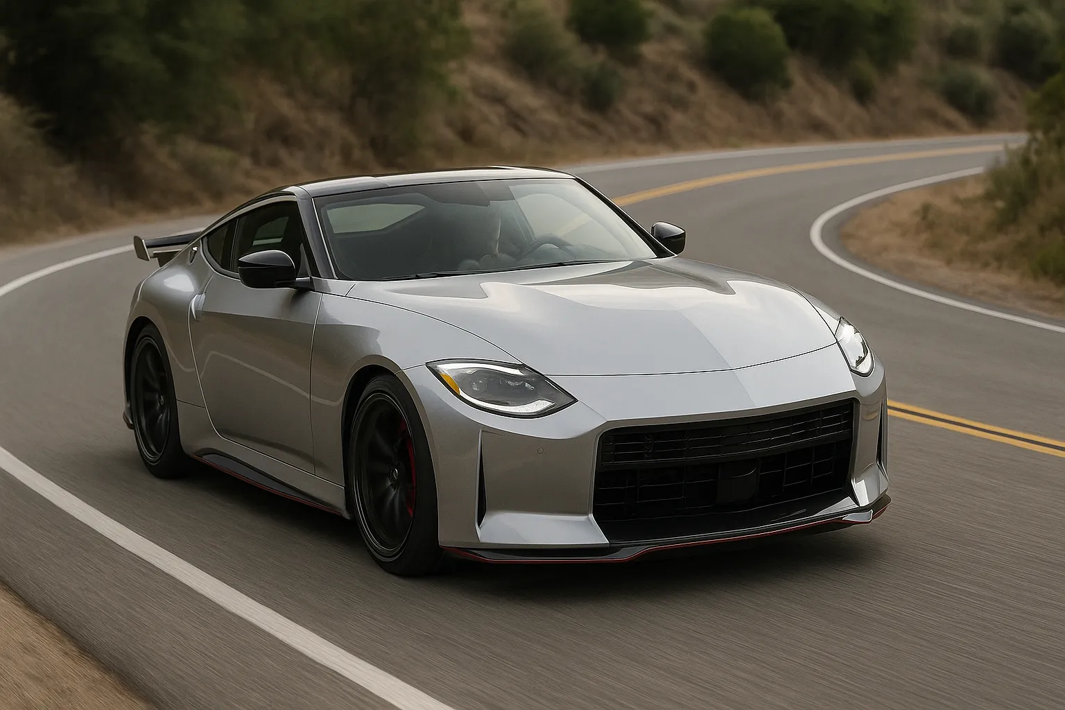 Nissan Z Nismo Coupé 2027 auf einer kurvigen Straße mit sichtbarer überarbeiteter Frontpartie