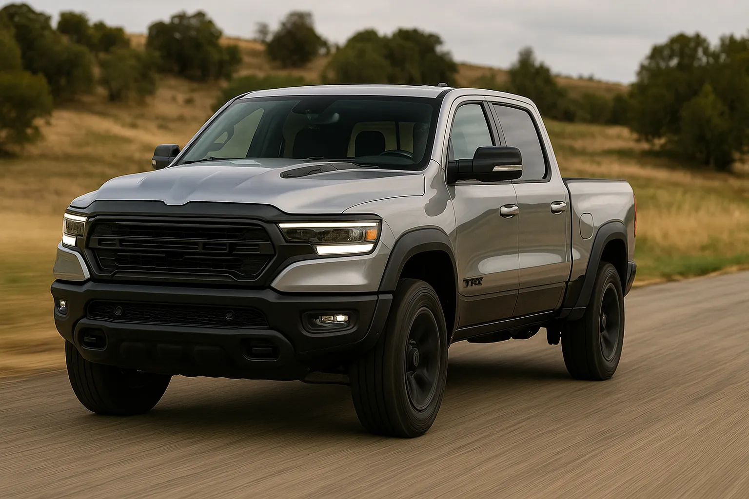 2027 Ram 1500 pickup driving on a paved road with a rugged landscape in the background