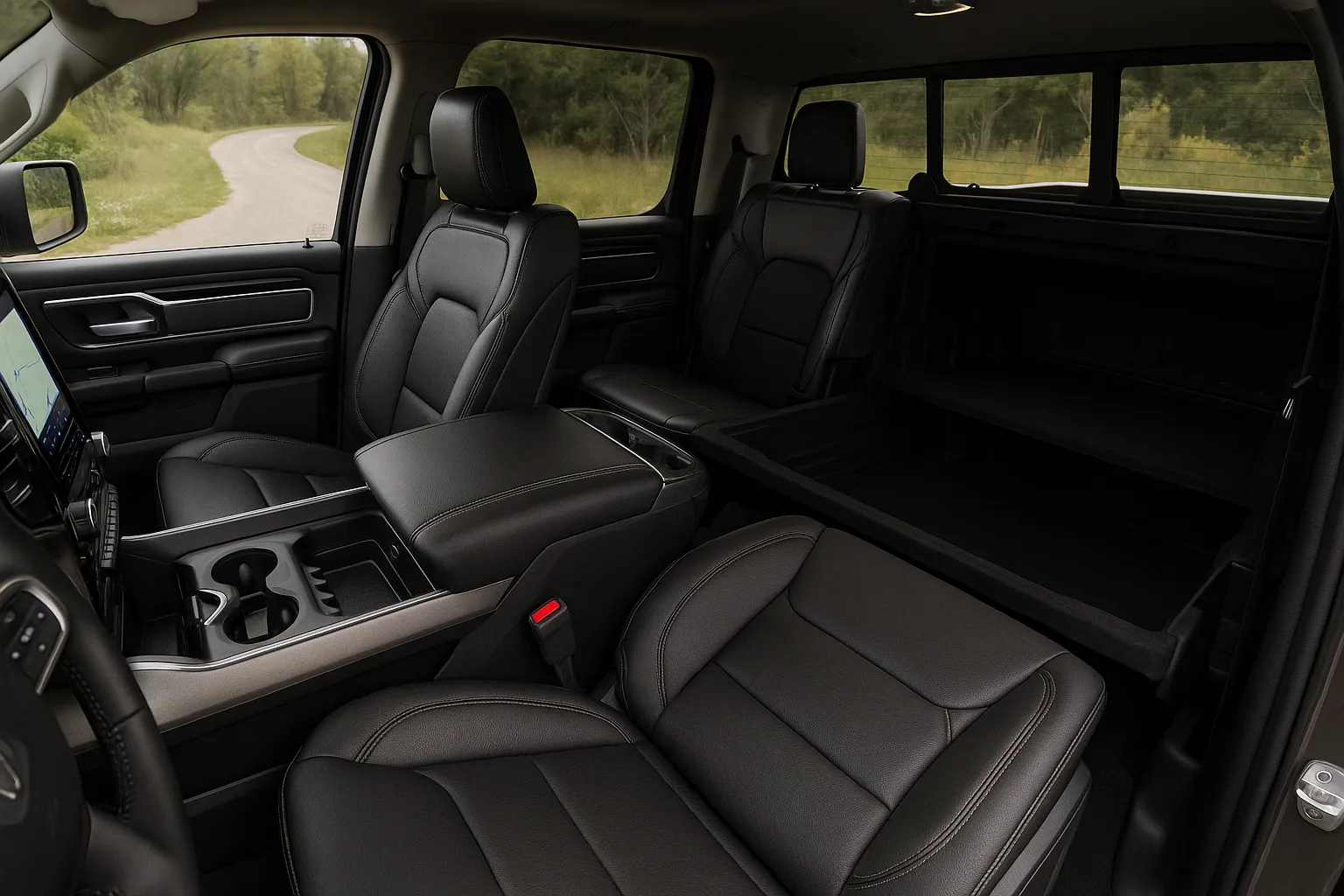 2027 Ram 1500 pickup driving on a paved road with a rugged landscape in the background supporting image 1