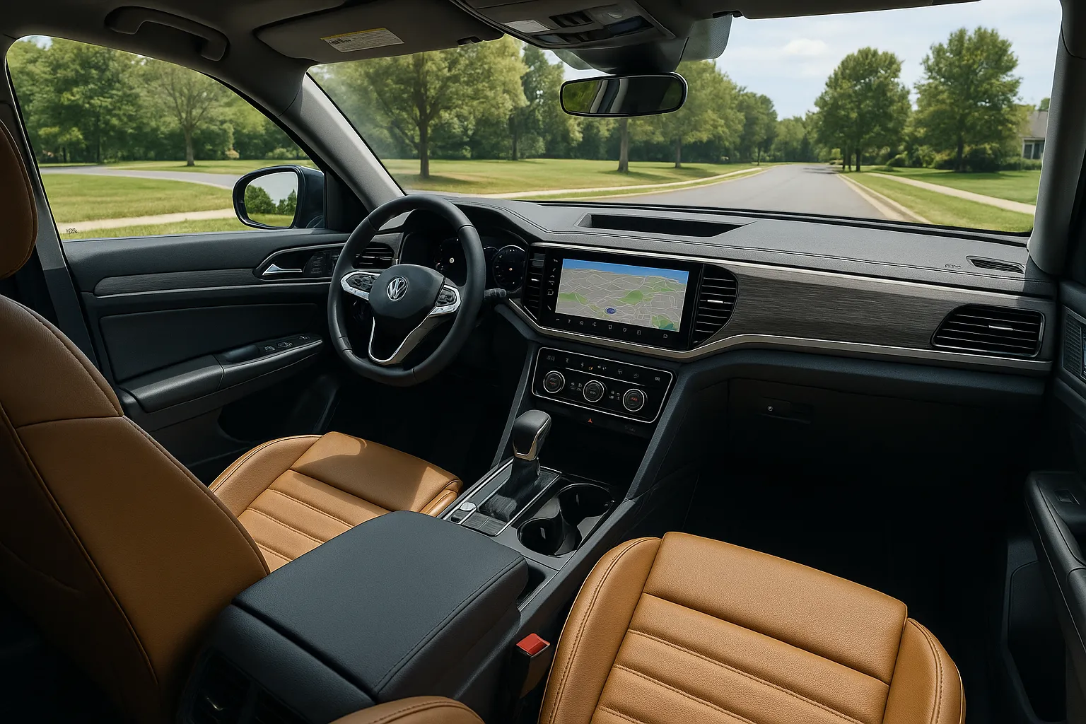 2027 Volkswagen Atlas dreireihiges SUV auf einer Vorstadtstraße, unterstützendes Bild 1