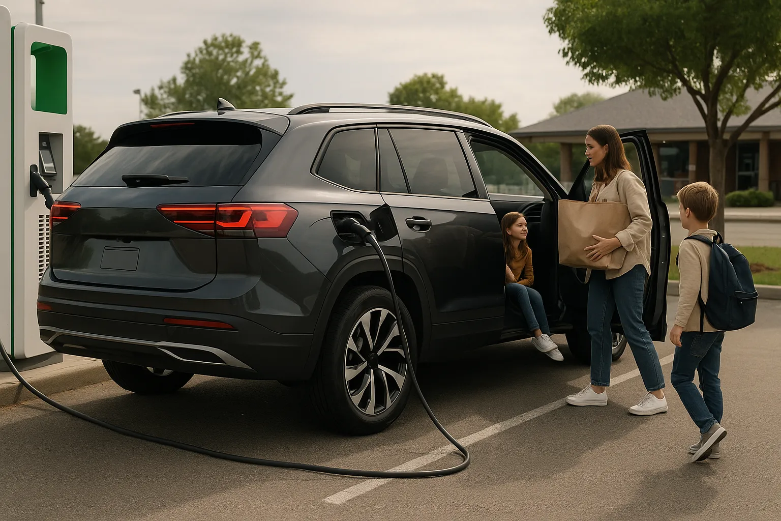 2027 Volkswagen Atlas dreireihiges SUV auf einer Vorstadtstraße, unterstützendes Bild 2