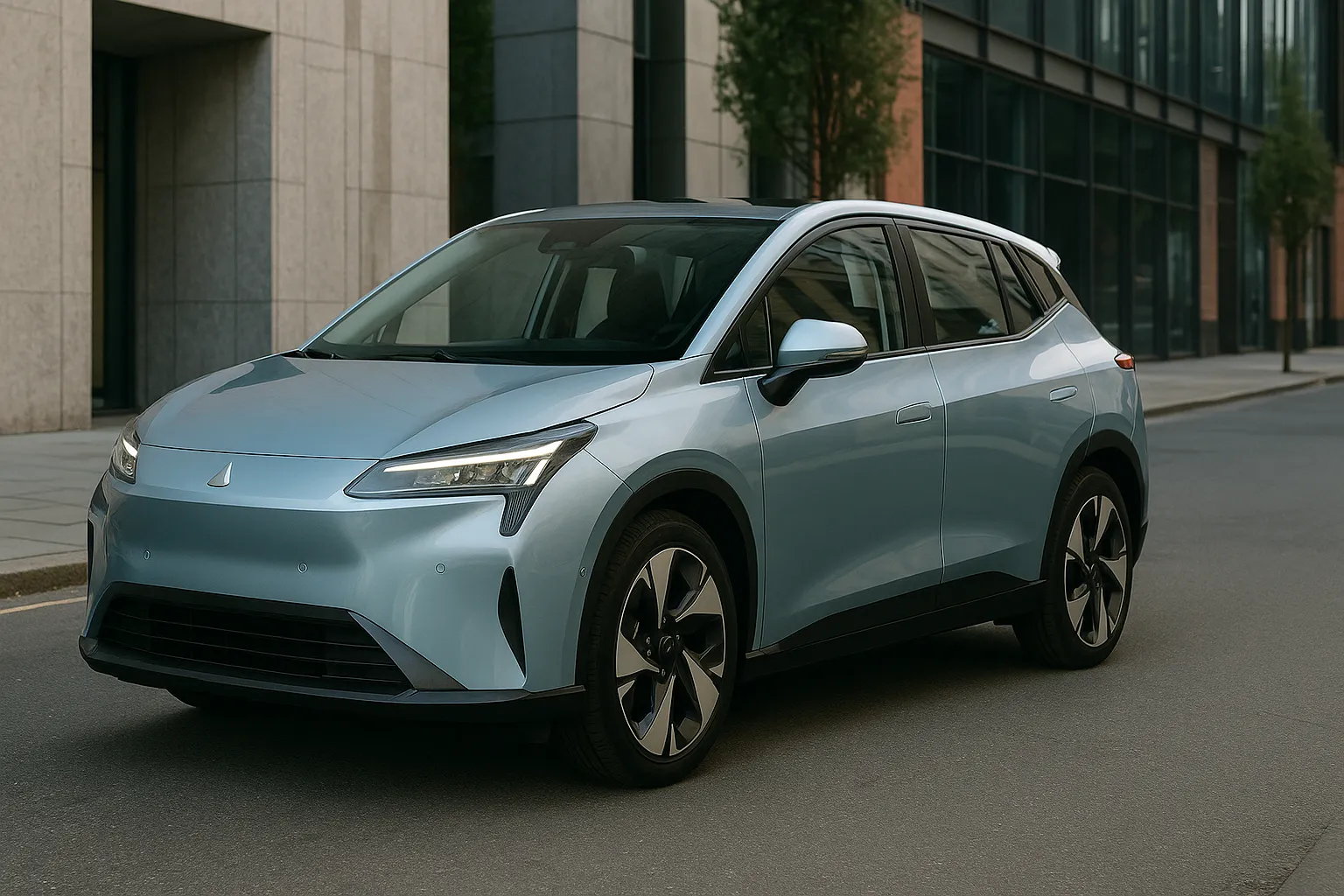 Aion UT Elektro-Hatchback in heller Lackierung auf einer Straße, gezeigt in schräger Frontansicht