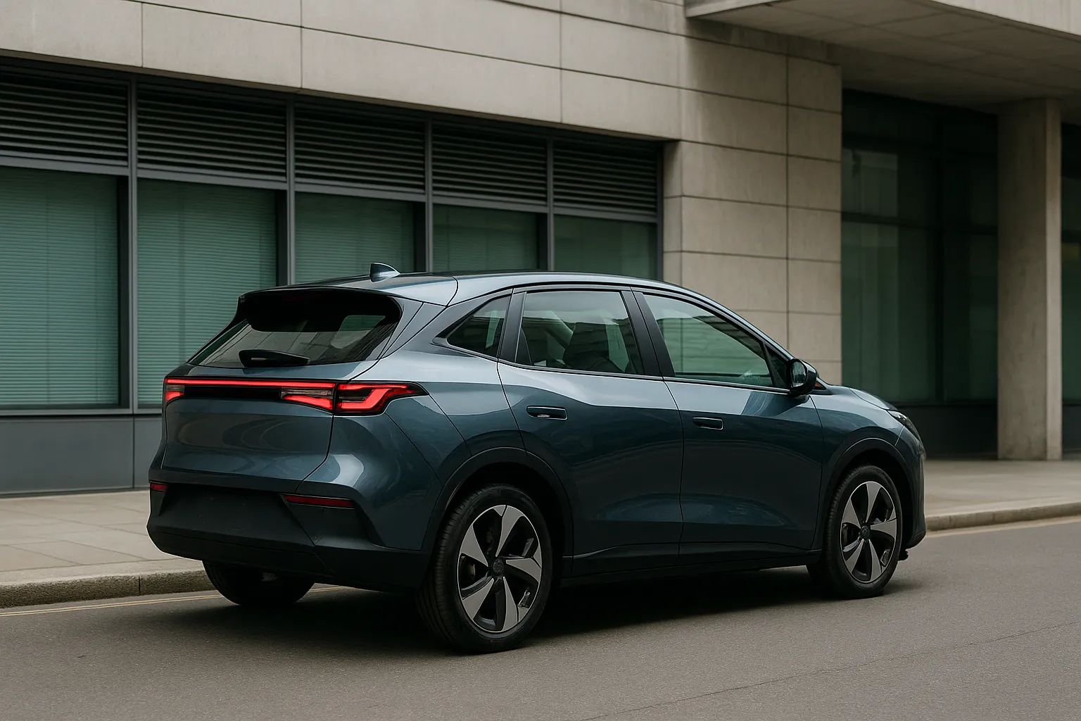 Aion UT Elektro-Hatchback in heller Lackierung auf einer Straße, gezeigt in schräger Frontansicht supporting image 2