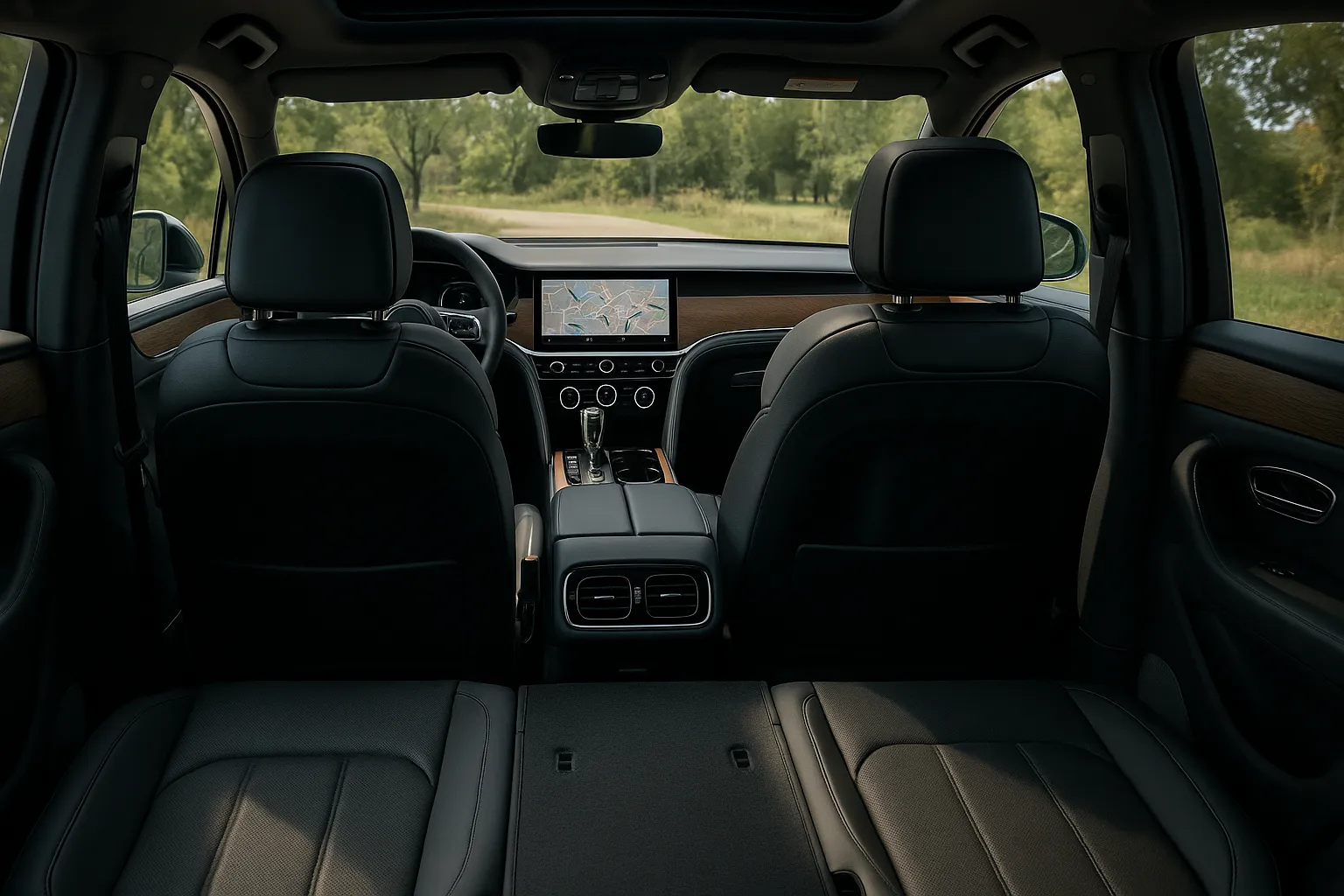 Schattige Front-Dreiviertelansicht der Silhouette eines Bentley Elektro-SUV mit breiten Schultern und Proportionen eines Luxus-Crossovers, unterstützendes Bild 1