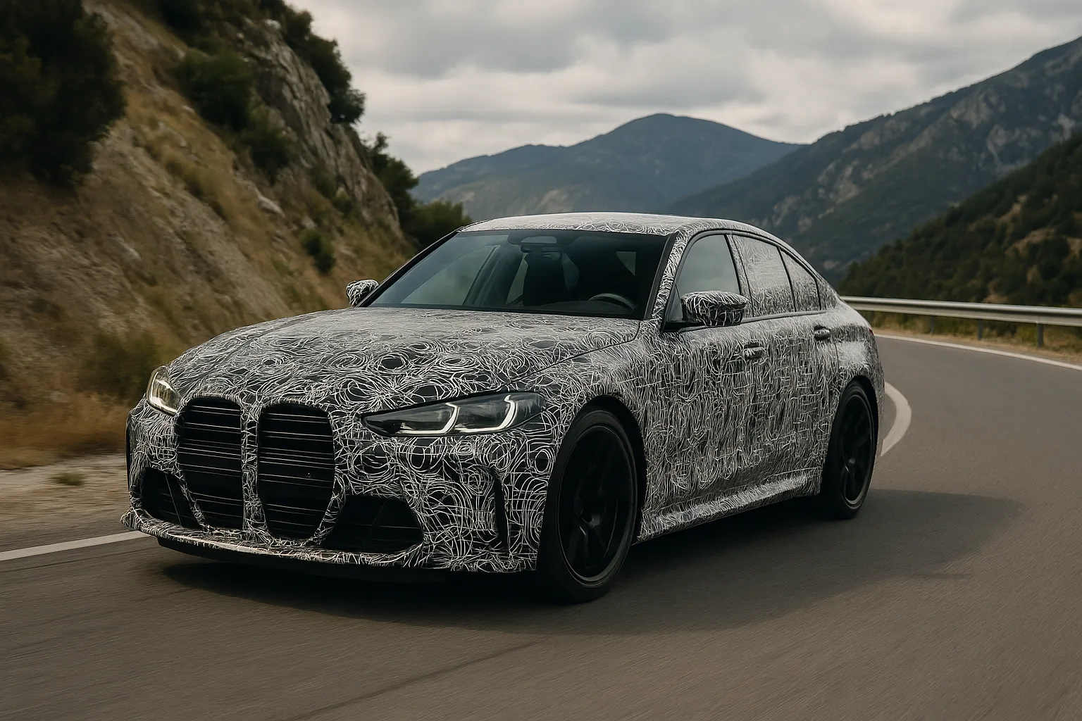 Getarnte elektrische BMW-Performance-Limousine testet auf einer kurvigen Straße