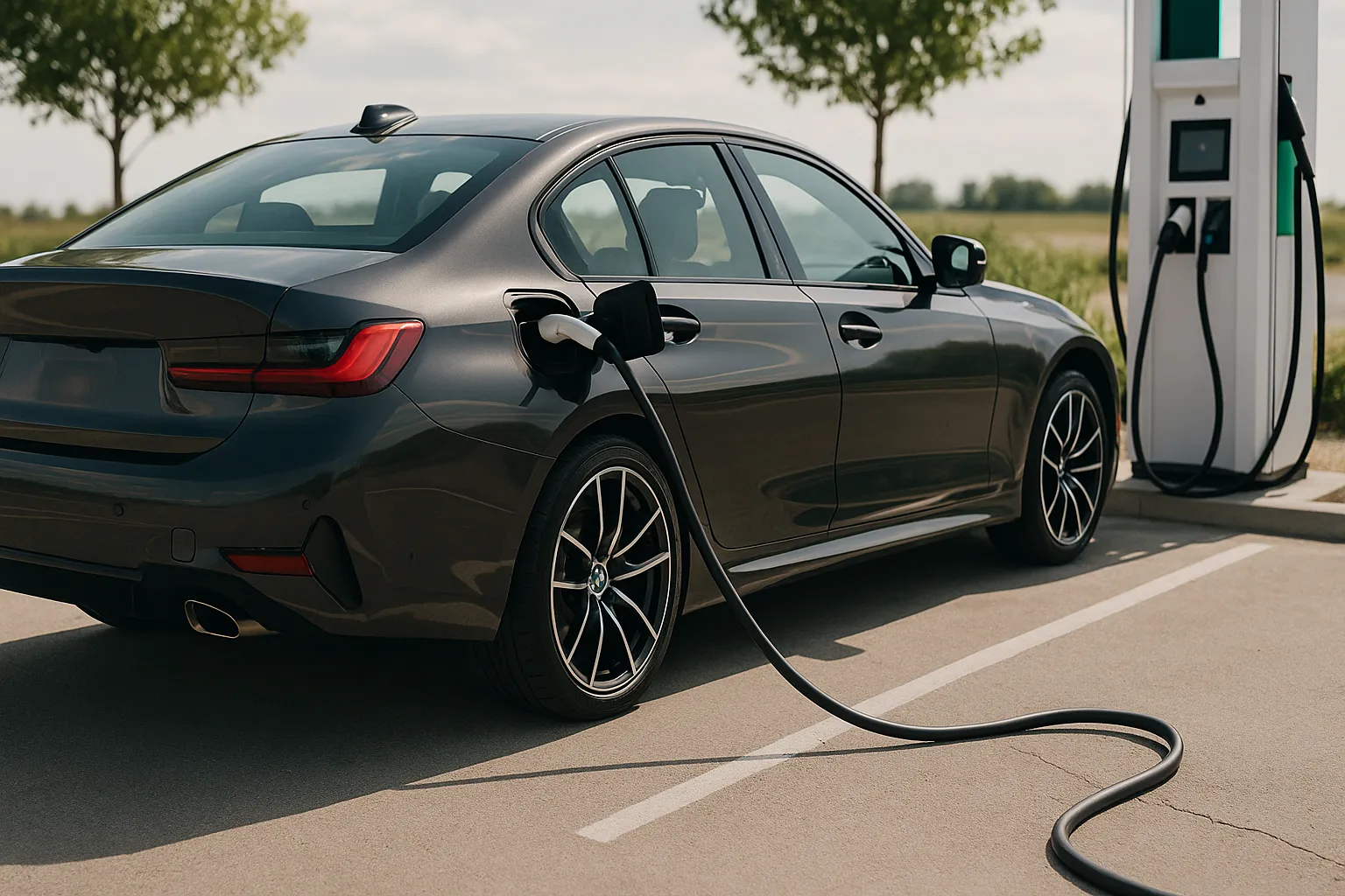Getarnte elektrische BMW-Performance-Limousine testet auf einer kurvigen Straße, unterstützendes Bild 2