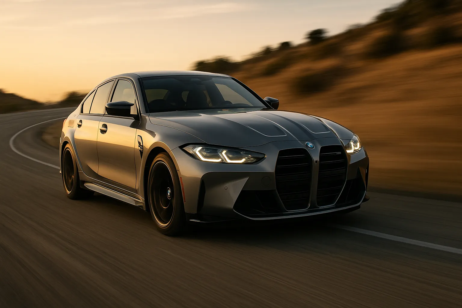 BMW M3 performance sedan driving on a road, representing the future electric M3 nameplate