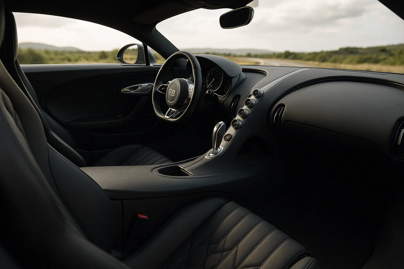 Bugatti Chiron auf einer Straße bei hohem Tempo, als Symbol der W16-Motorenära, unterstützendes Bild 1
