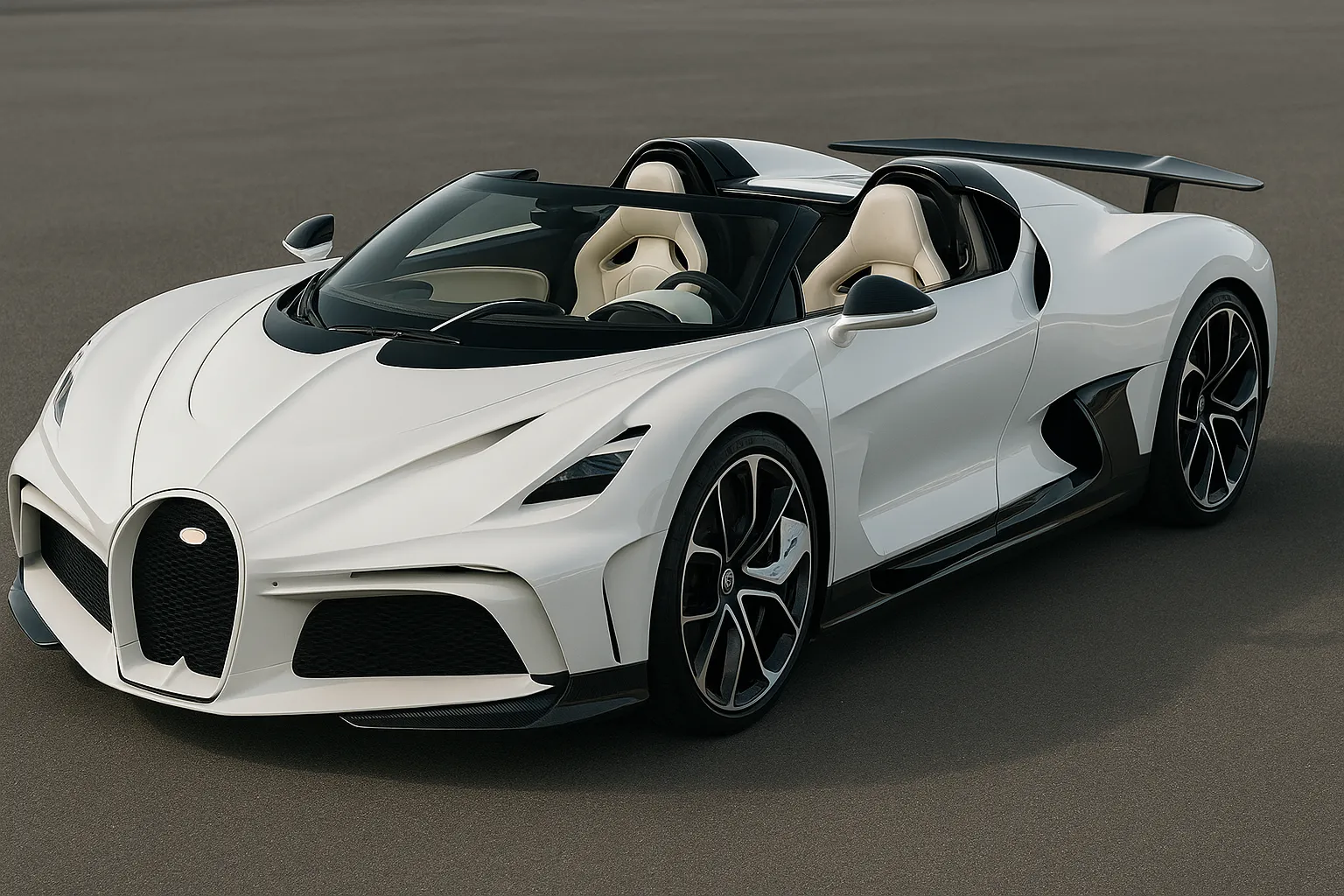 Bugatti W16 Mistral Blanc Éternel als einmaliger Roadster in maßgeschneiderter weißer Ausführung mit porzellan-inspirierten Details