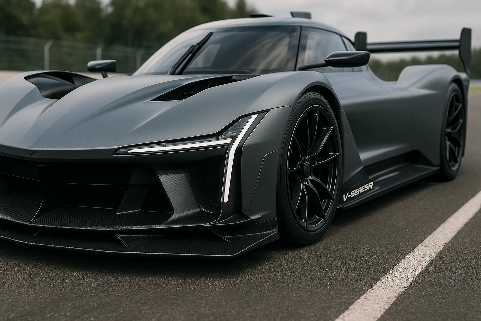 Cadillac V-ONE Concept als flacher Performance-Rennwagen mit breiter Spur, aerodynamischer Karosserie und V-Series-Design auf einer Rennstrecke supporting image 1