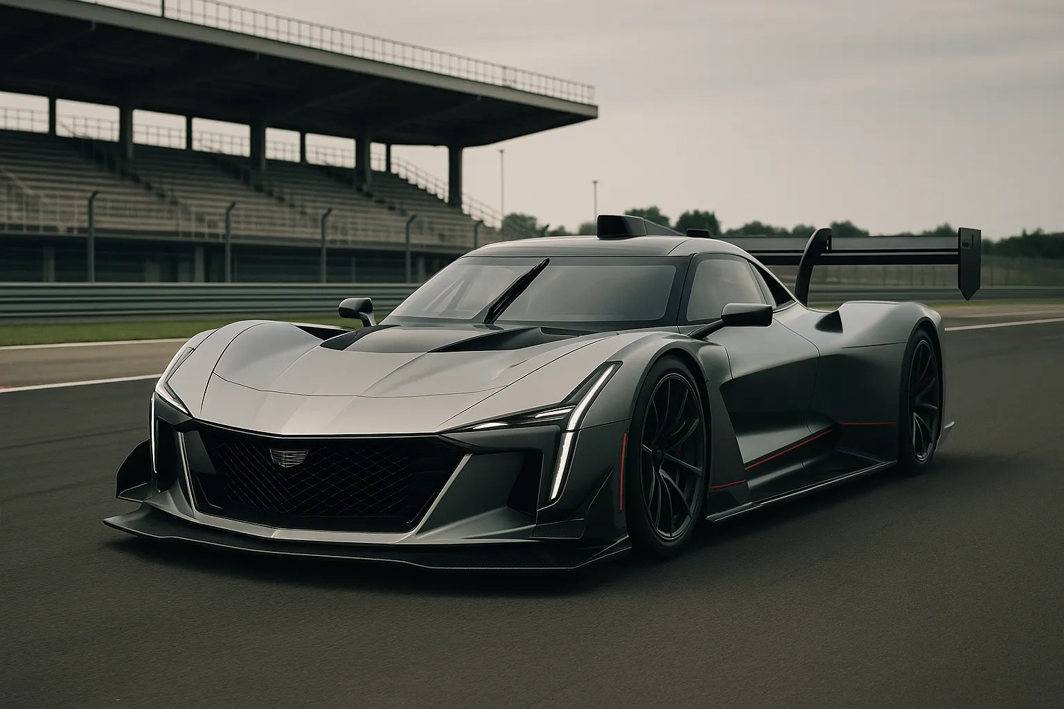 Cadillac V-ONE Concept als flacher Performance-Rennwagen mit breiter Spur, aerodynamischer Karosserie und V-Series-Design auf einer Rennstrecke supporting image 2