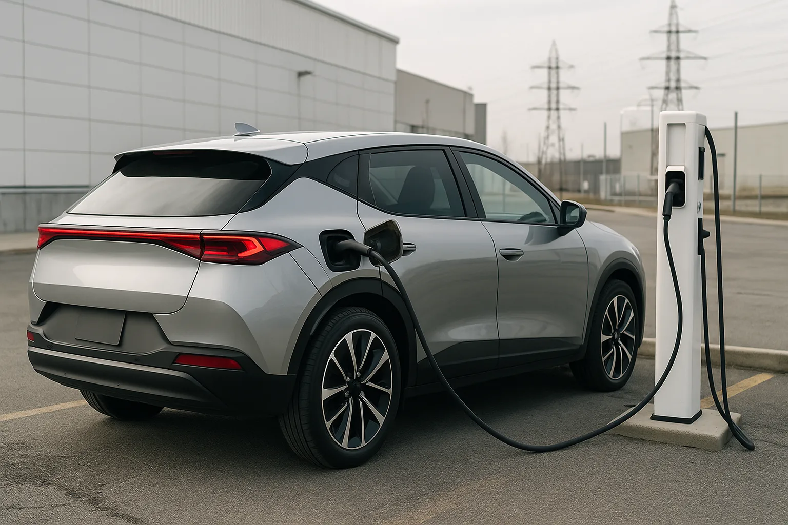 Electric crossover vehicles lined up at a Canadian charging station with an auto plant in the background supporting image 2