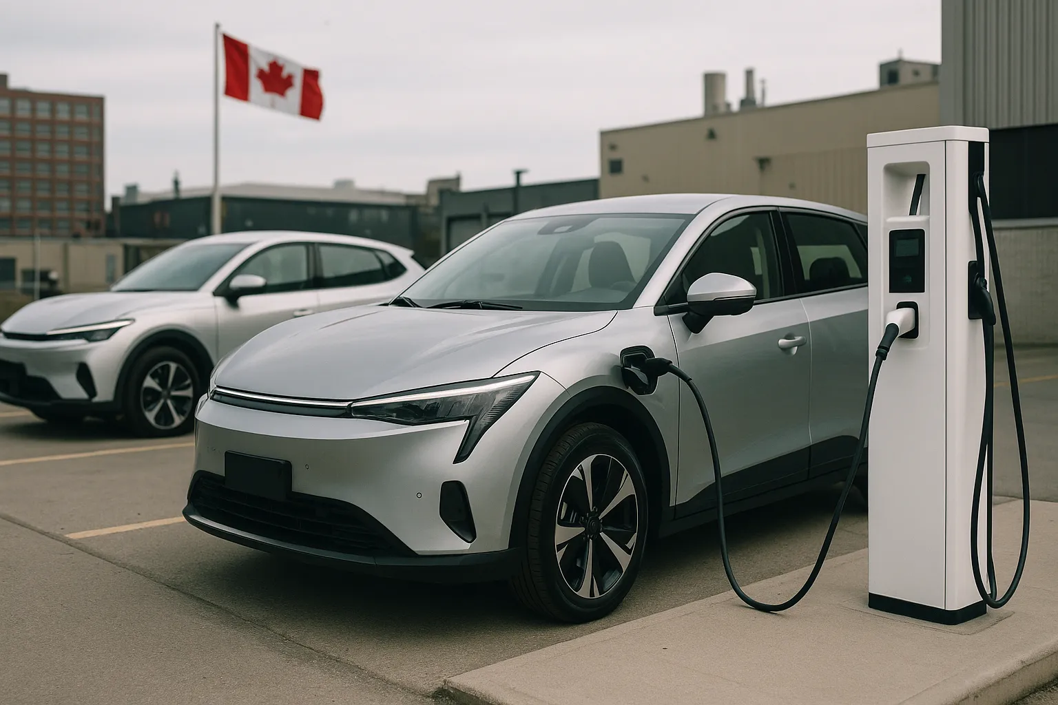 Elektro-Crossover-Fahrzeuge in Reihe an einer kanadischen Ladestation mit einem Autowerk im Hintergrund