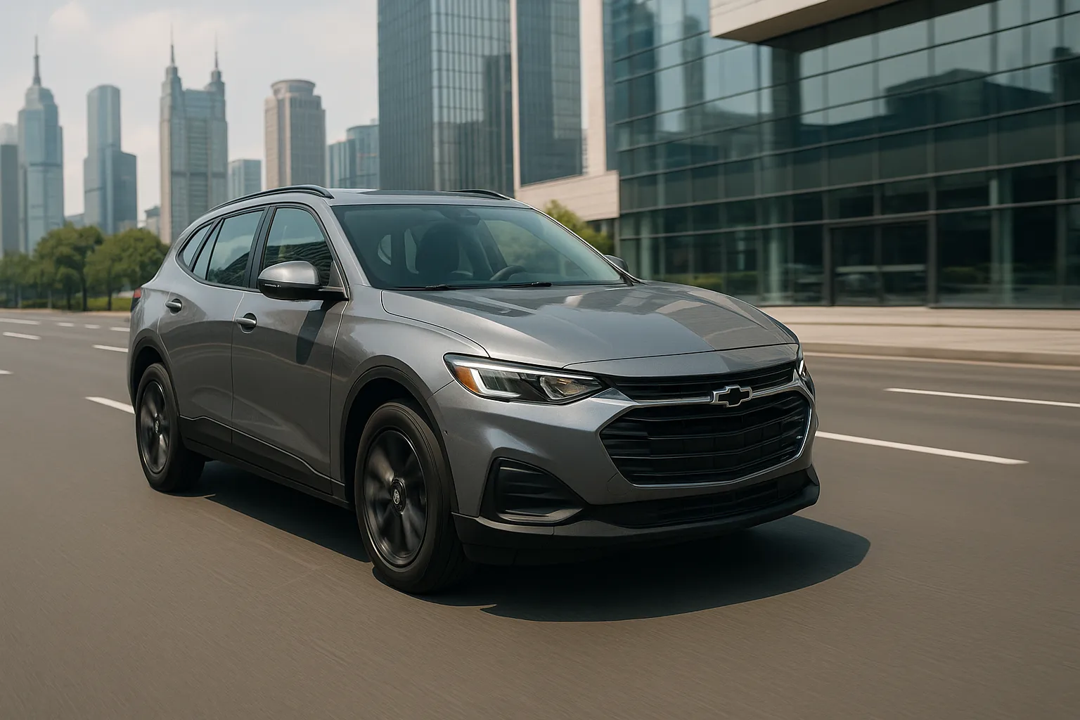 Chevrolet-SUV vor einer modernen Skyline in China bei Abendlicht