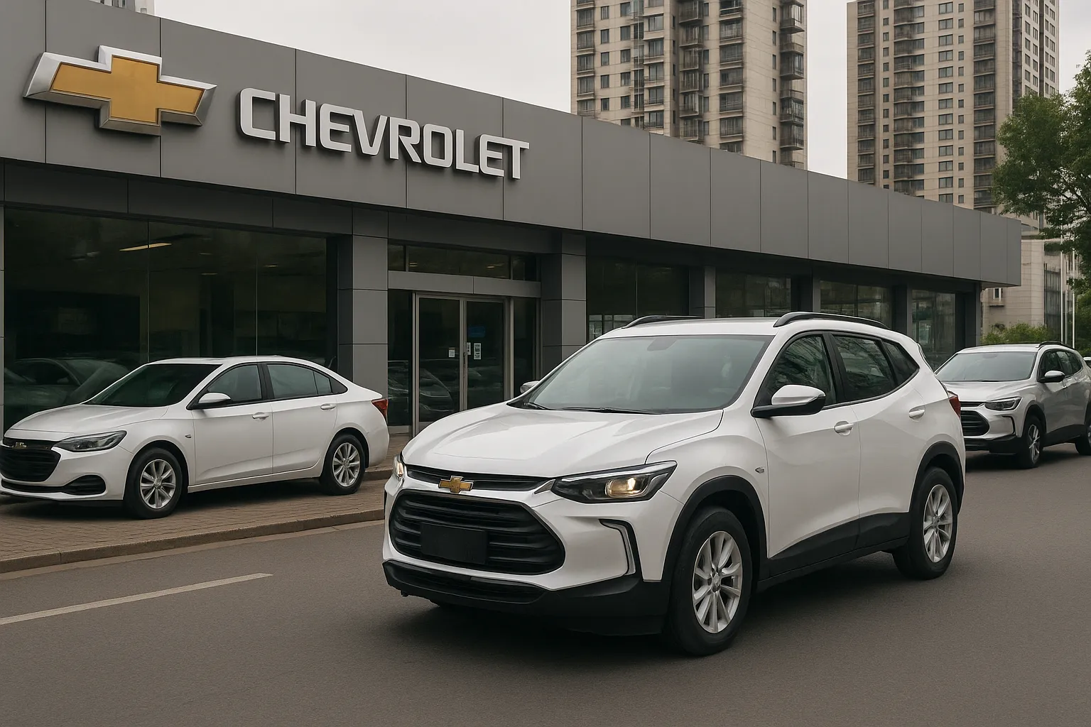 Chevrolet vehicles displayed outside a modern dealership in China