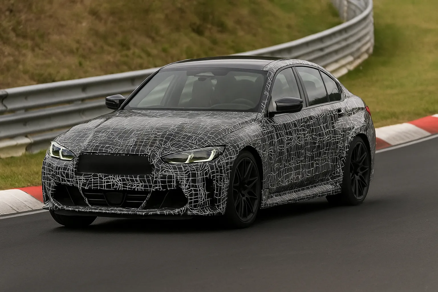 Getarnter elektrischer BMW M3-Prototyp bei Tests auf einer Rennstrecke mit breiter Haltung und Limousinenproportionen
