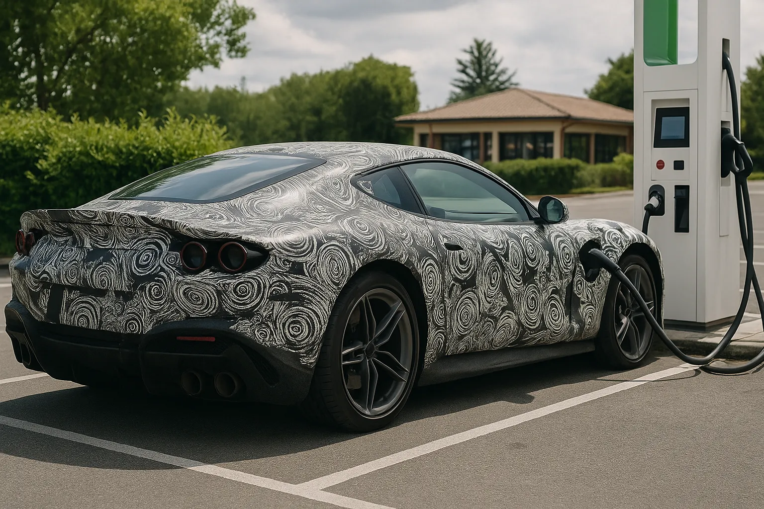Getarnter Ferrari-12Cilindri-Prototyp bei Straßentests mit sichtbaren vorderen Aero-Canards und angehobenem Ducktail-Heckspoiler, unterstützendes Bild 2
