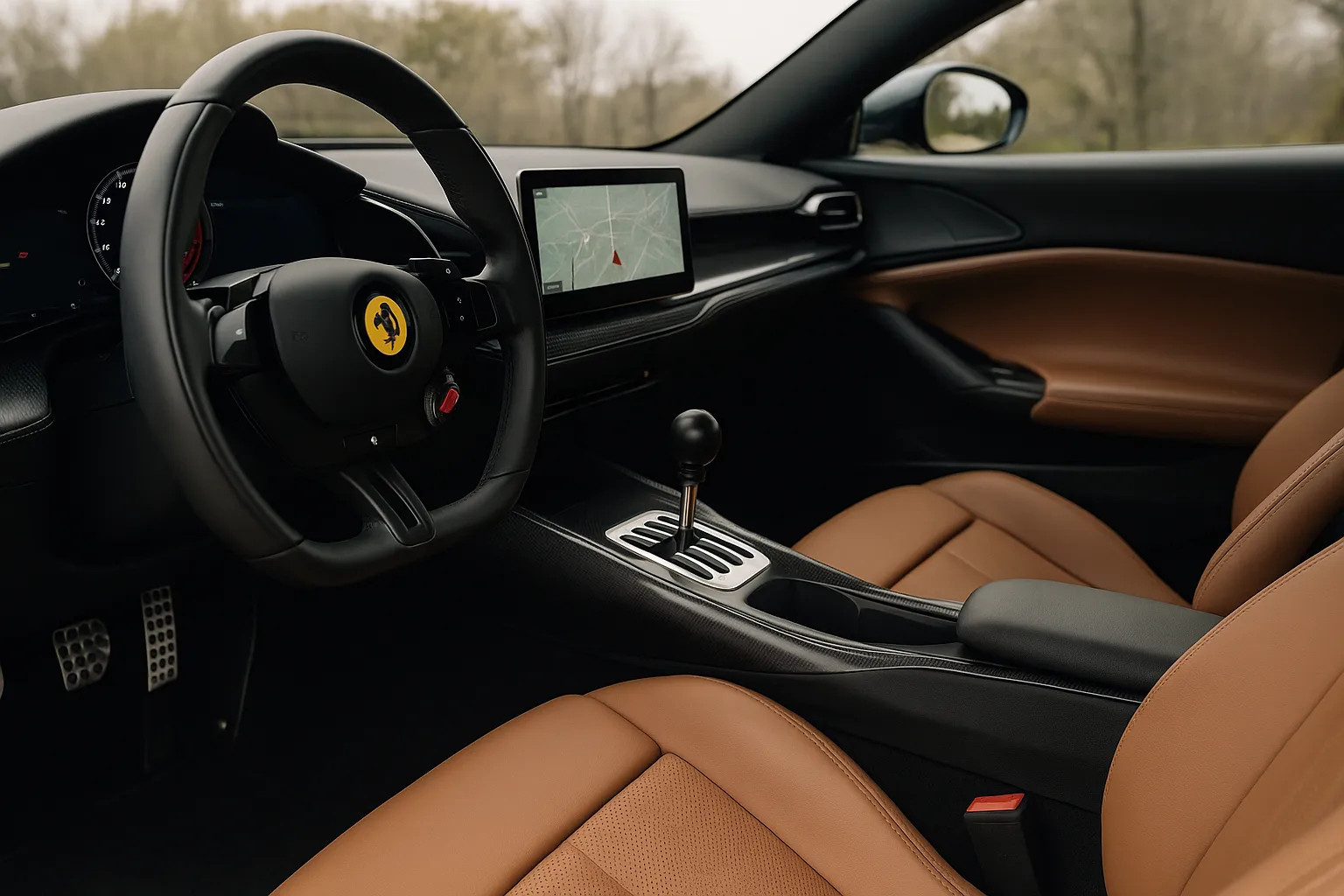 Innenraum des Ferrari 12Cilindri Manuale mit offener Schaltkulisse und Kupplungspedal, unterstützendes Bild 1