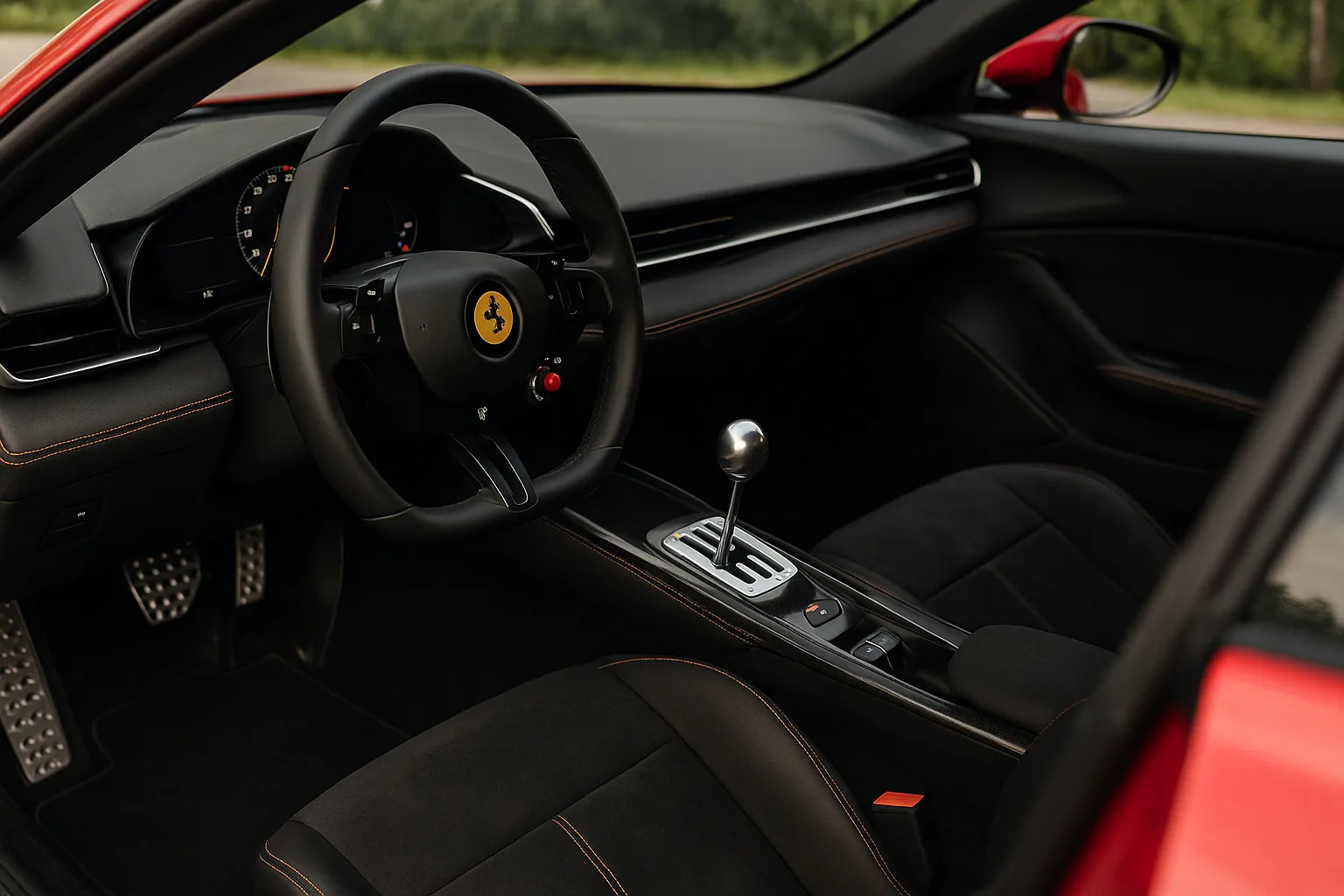 Innenraum des Ferrari 12Cilindri Manuale mit offener Schaltkulisse und Kupplungspedal, unterstützendes Bild 2