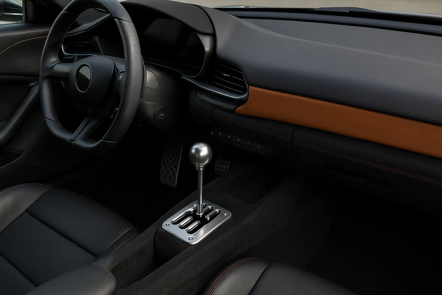 Innenraum des Ferrari 12Cilindri Manuale mit offener Schaltkulisse und Kupplungspedal