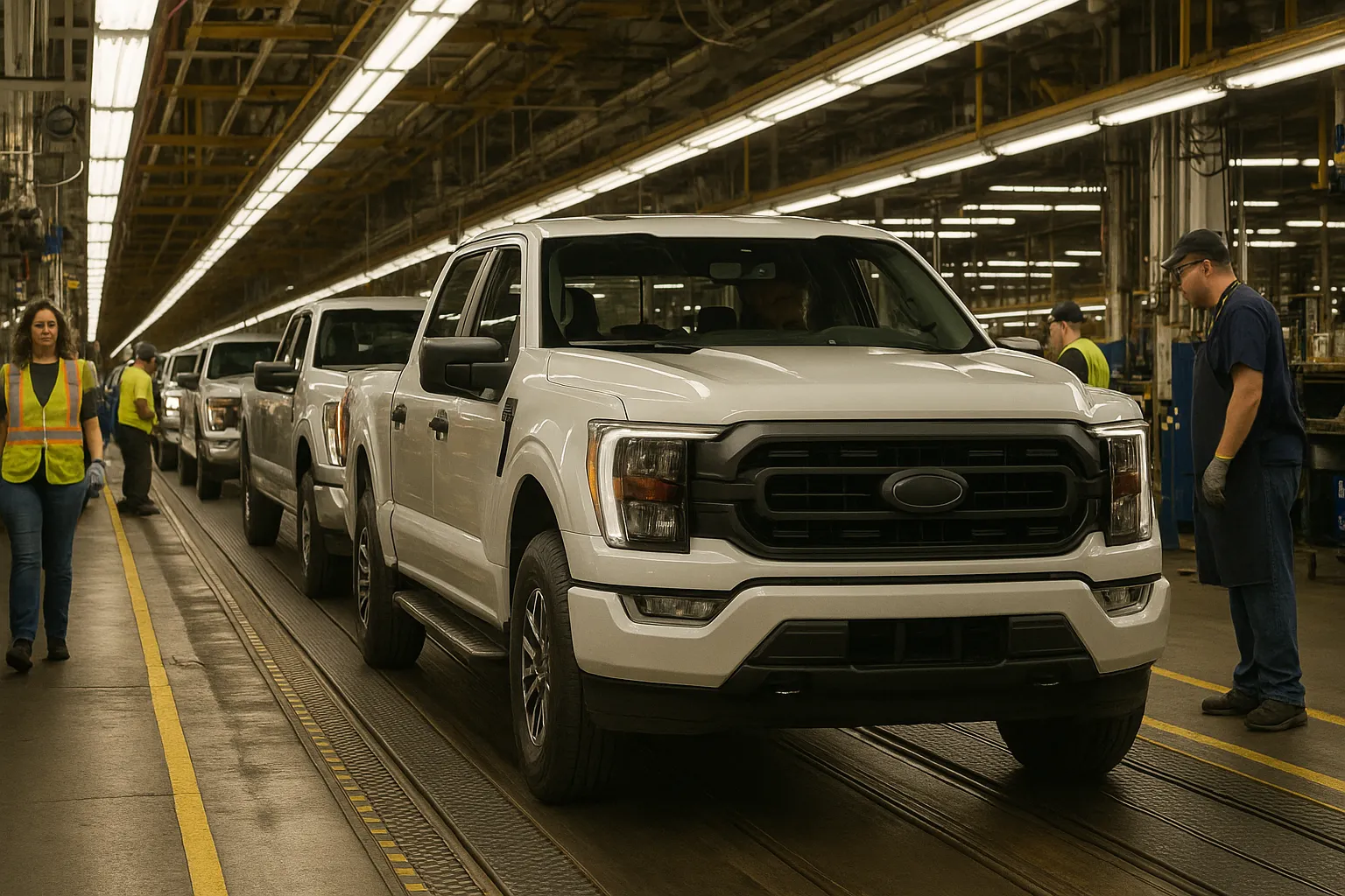 Ford-Trucks fahren durch ein amerikanisches Fahrzeugmontagewerk