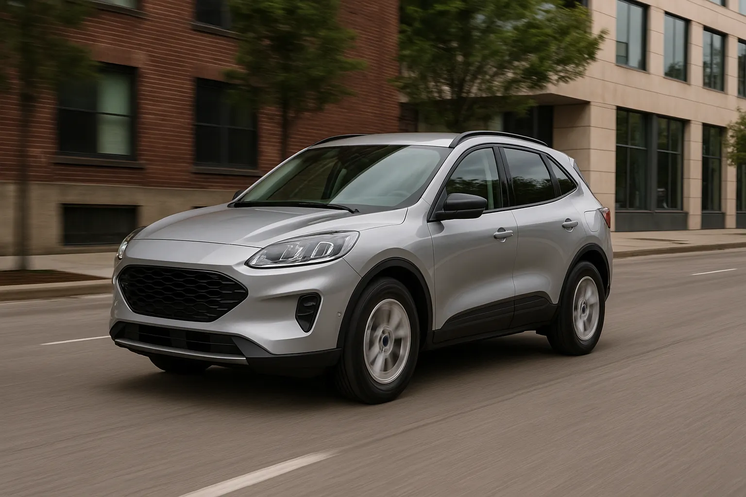 A compact Ford SUV driving on a city street, representing a future affordable hybrid crossover