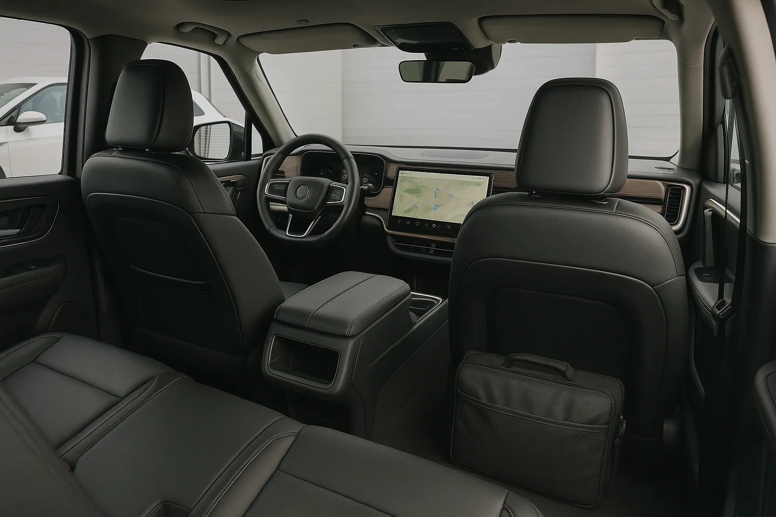 Ein elektrischer Rivian R1T-Pickup, geparkt nahe Volkswagen-Elektrofahrzeugen in einer technologieorientierten Automobilanlage, unterstützendes Bild 1