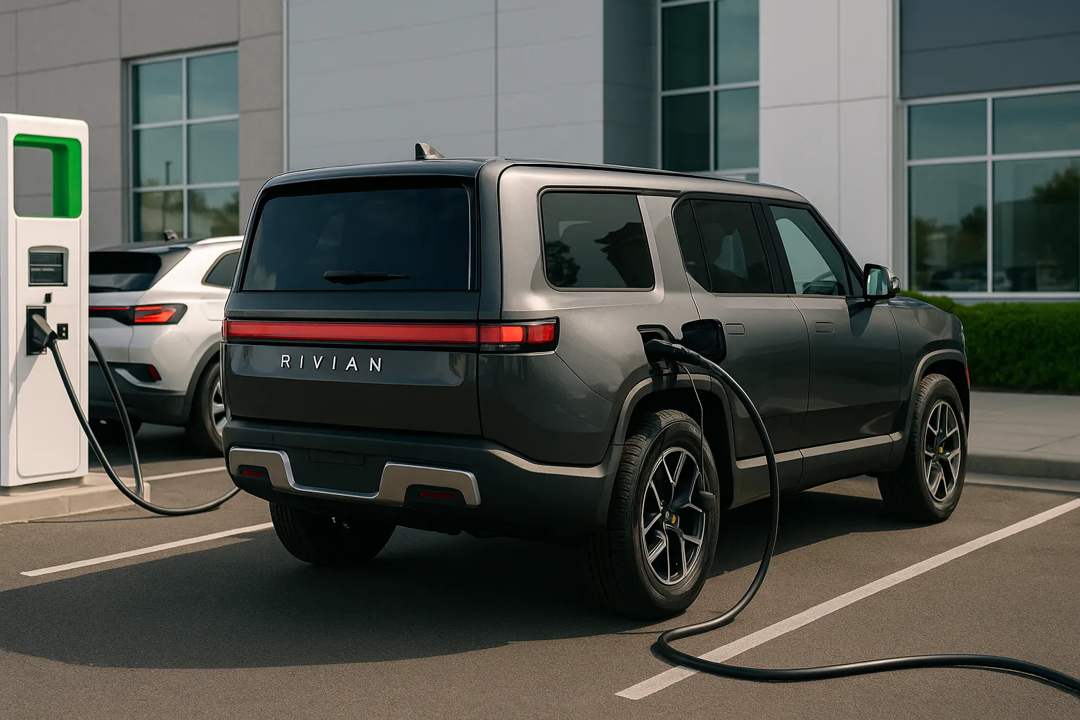 Ein elektrischer Rivian R1T-Pickup, geparkt nahe Volkswagen-Elektrofahrzeugen in einer technologieorientierten Automobilanlage, unterstützendes Bild 2