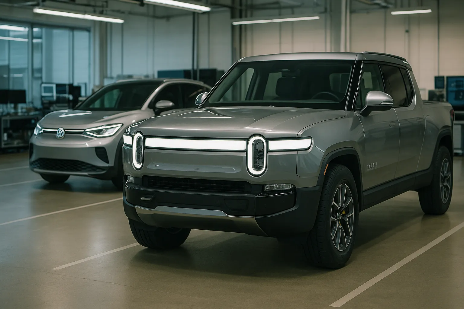 Ein elektrischer Rivian R1T-Pickup, geparkt nahe Volkswagen-Elektrofahrzeugen in einer technologieorientierten Automobilanlage