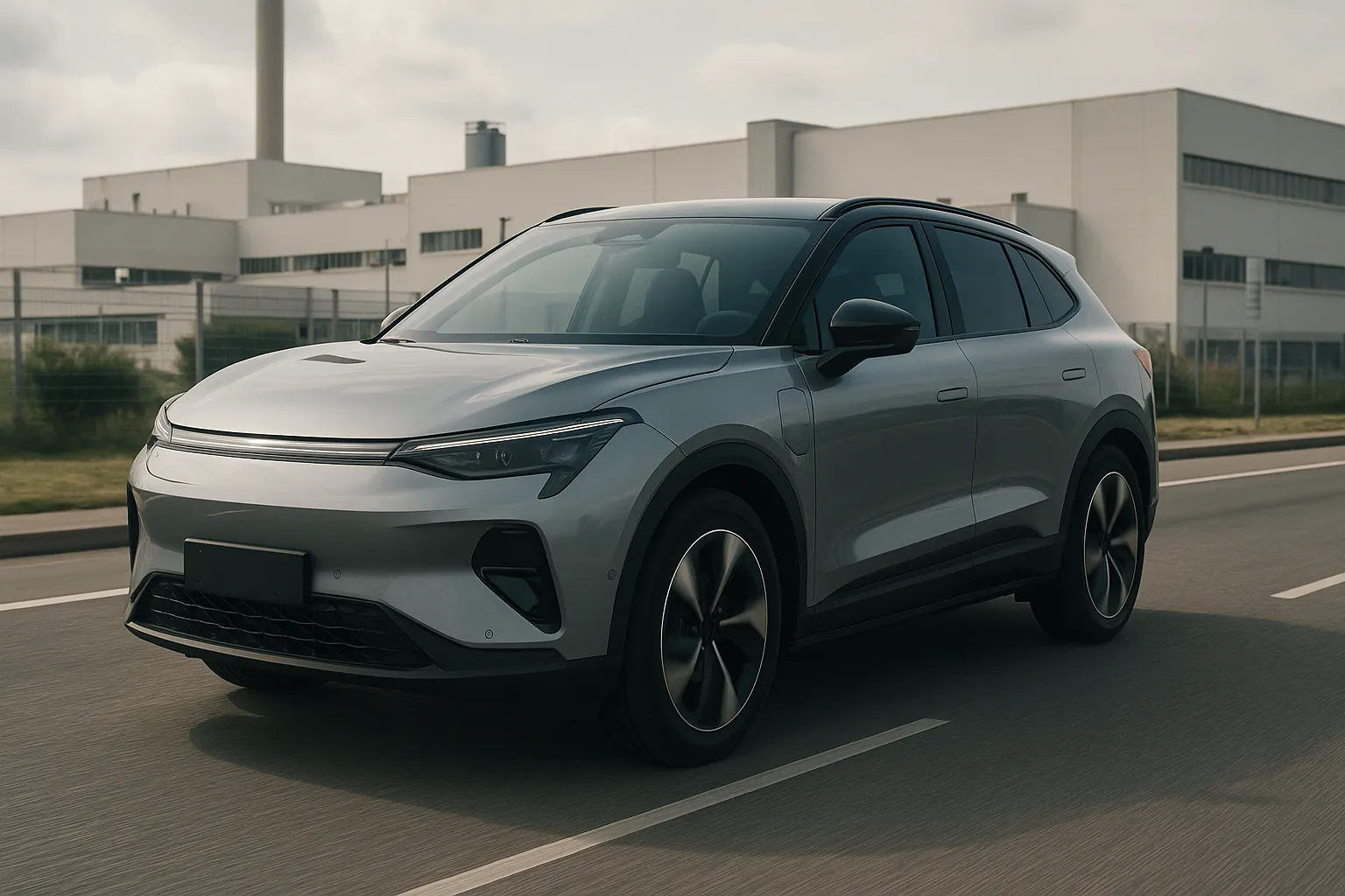 Geely Elektro-SUV auf einer europäischen Straße nahe einer modernen Fahrzeugfabrik
