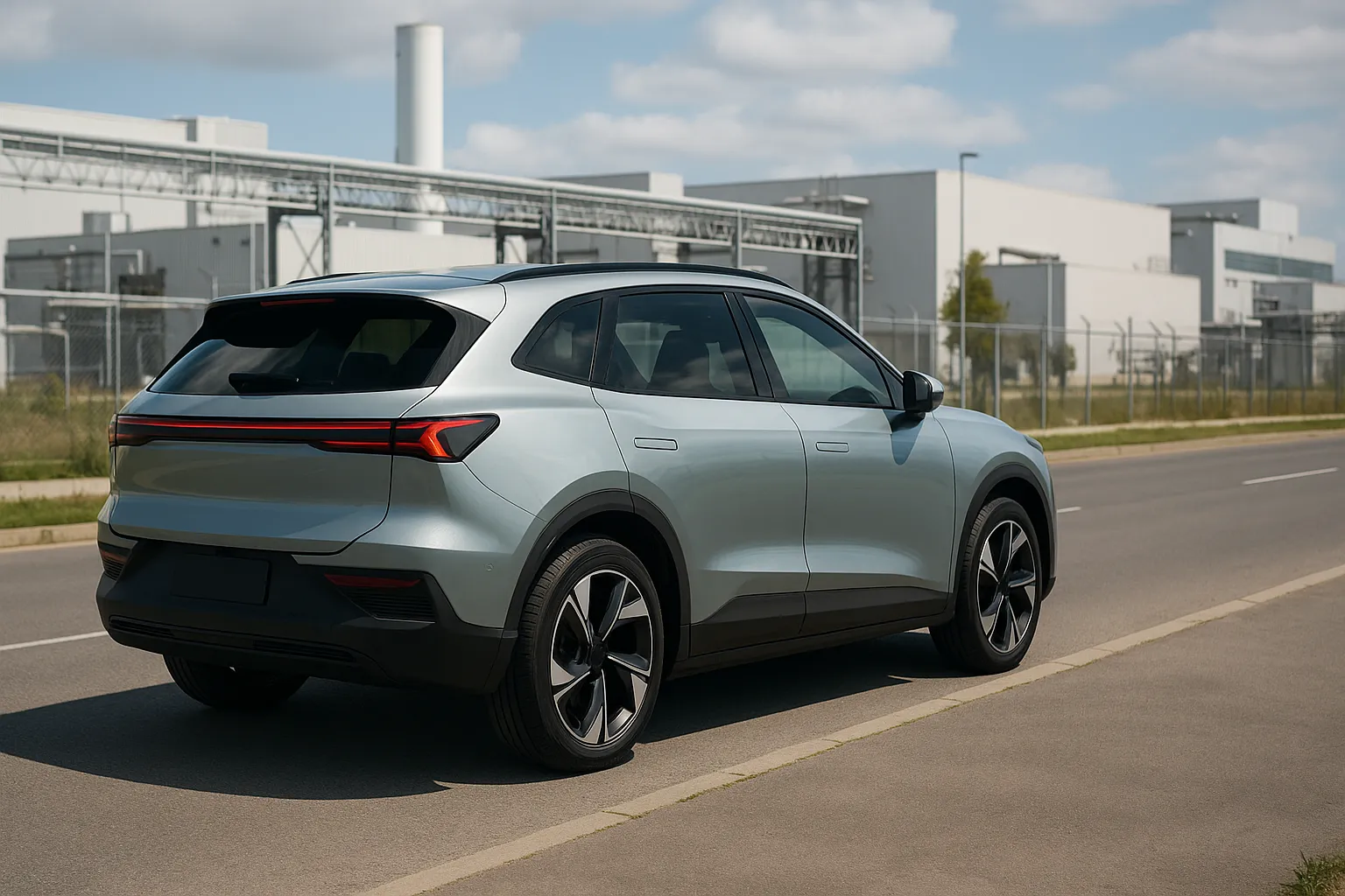 Geely Elektro-SUV auf einer europäischen Straße nahe einer modernen Fahrzeugfabrik, unterstützendes Bild 2