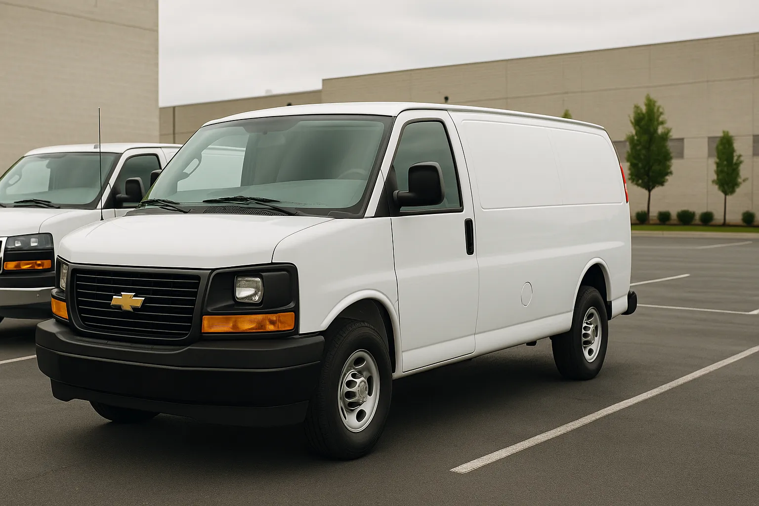 Weiße Chevrolet Express und GMC Savana Nutzfahrzeug-Vans auf einem Flottenparkplatz
