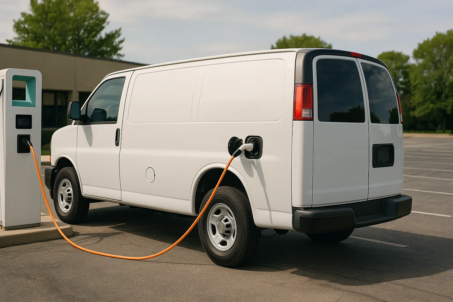 Weiße Chevrolet Express und GMC Savana Nutzfahrzeug-Vans auf einem Flottenparkplatz, unterstützendes Bild 2