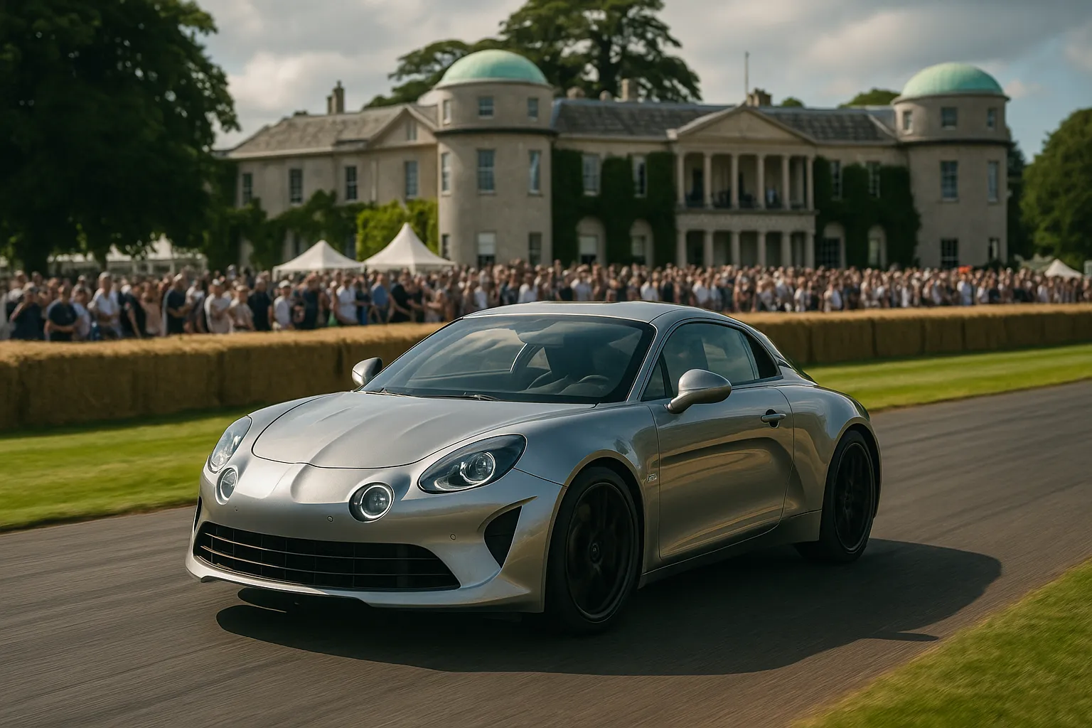 Alpine electric A110 prototype driving up the Goodwood Festival of Speed hillclimb past hay bales and spectators