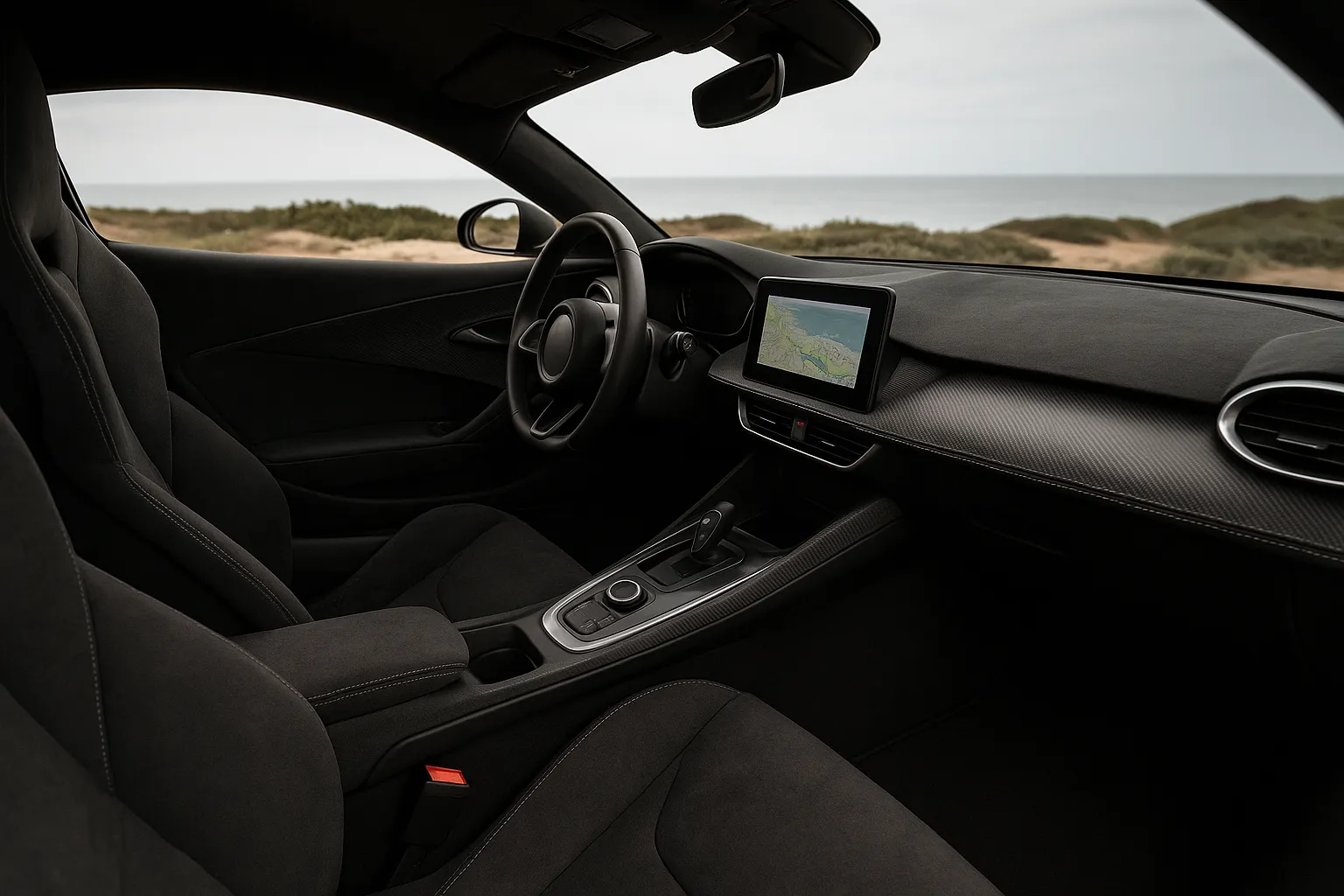 Low Gordon Murray supercar shown in a rear three-quarter teaser view with rounded haunches, a roof intake and smooth bodywork supporting image 1
