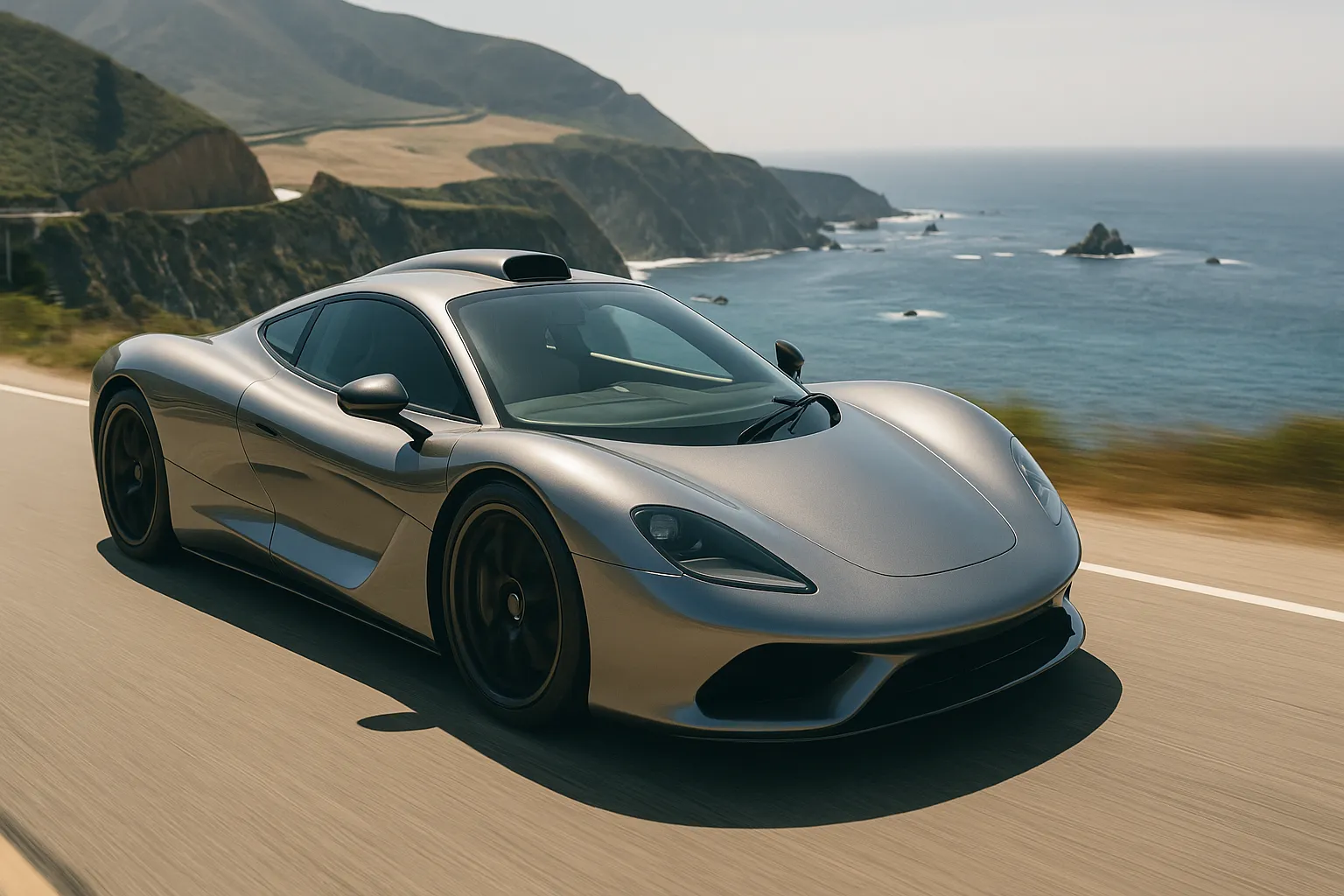 Low Gordon Murray supercar shown in a rear three-quarter teaser view with rounded haunches, a roof intake and smooth bodywork