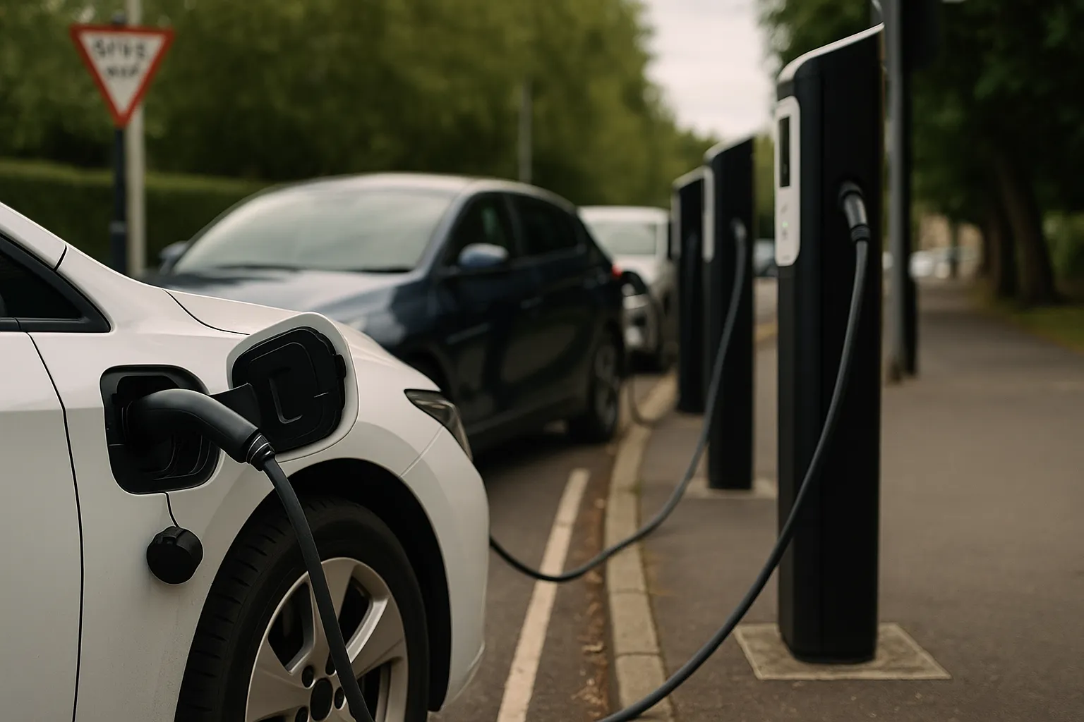 Electric cars at fast-charging stations in front of a British city street with left-hand traffic supporting image 1