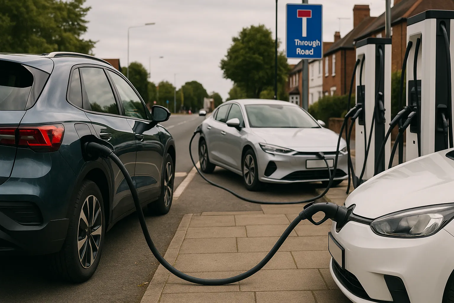 Electric cars at fast-charging stations in front of a British city street with left-hand traffic supporting image 2