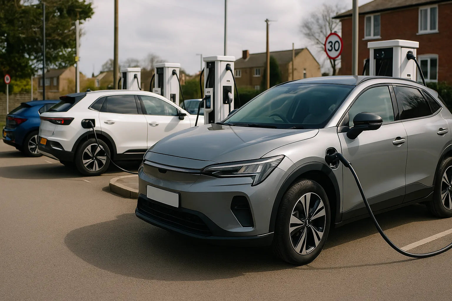 Elektroautos an Schnellladesäulen vor einer britischen Stadtstraße mit Linksverkehr