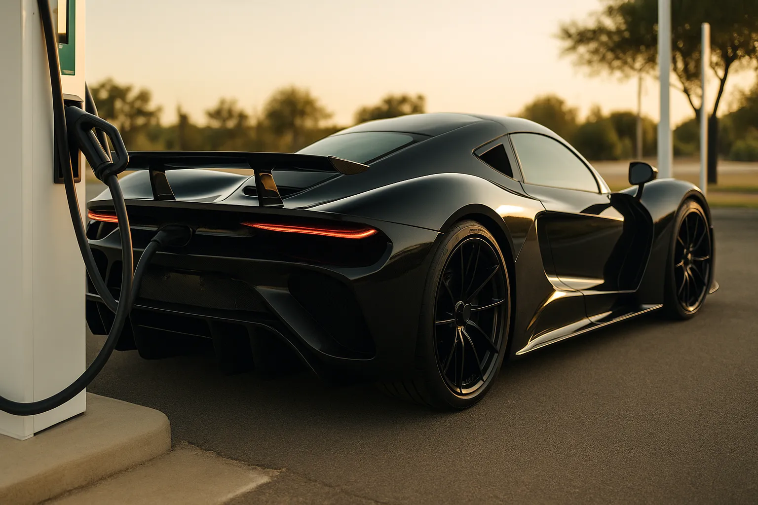 Hennessey Blackbird Hypercar in dunkler Lackierung auf einer Straße, zeigt seine niedrige Carbonfaser-Karosserie und breite Heckhaltung, unterstützendes Bild 2