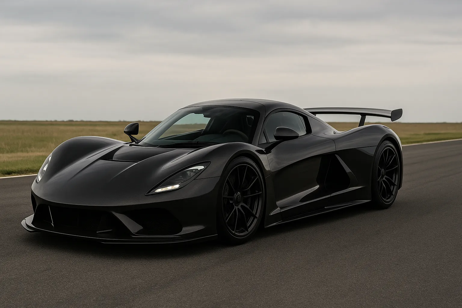 Hennessey Blackbird Hypercar in dunkler Lackierung auf einer Straße, zeigt seine niedrige Carbonfaser-Karosserie und breite Heckhaltung