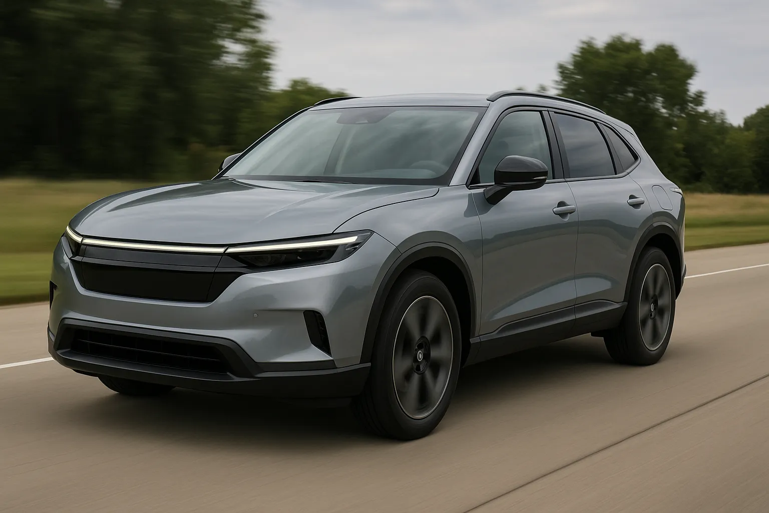 Honda Prologue Elektro-SUV fährt auf einer asphaltierten Straße mit Bäumen im Hintergrund
