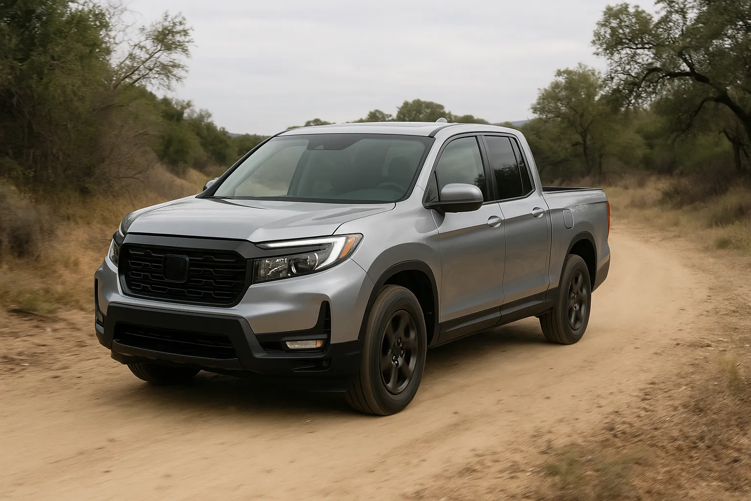 Honda Ridgeline Mittelklasse-Pickup fährt auf einer Schotterstraße mit Bäumen im Hintergrund