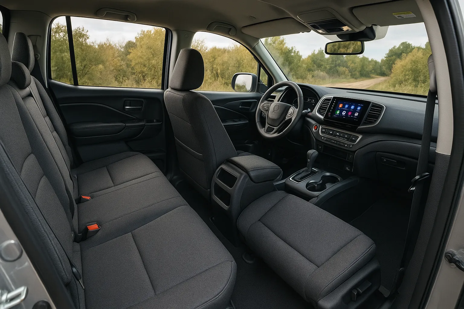 Honda Ridgeline midsize pickup driving on a dirt road with trees in the background supporting image 1