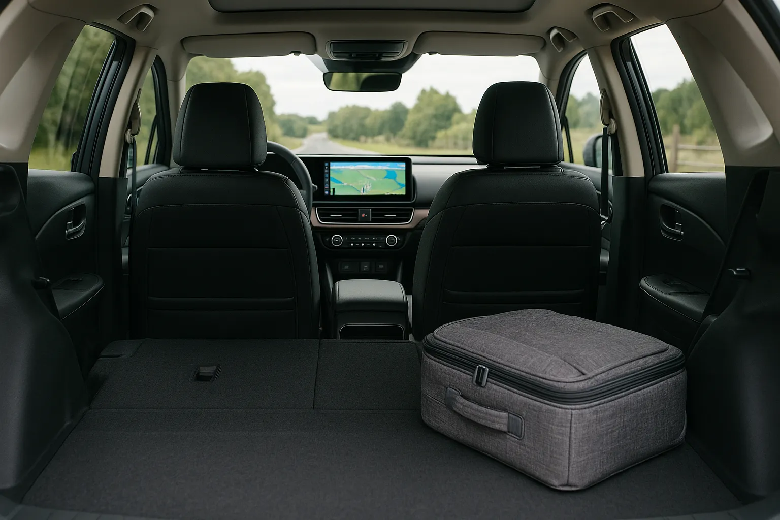 Honda Prologue Elektro-SUV fährt auf einer befestigten Straße mit Bäumen und Bergen im Hintergrund, unterstützendes Bild 1